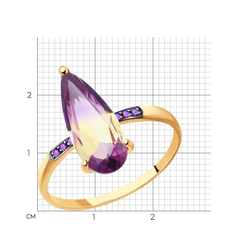 Кольцо из золота 585 пробы с искусственным аметрином и фианитами