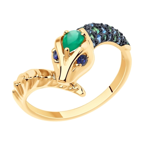 Кольцо (585) корунд сапфир синт., агат, фианит