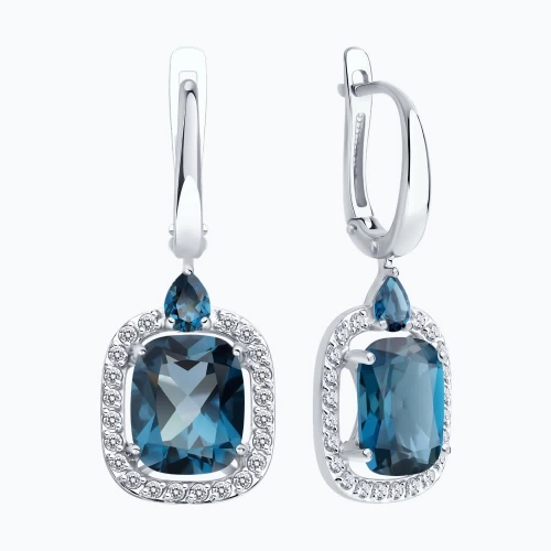 Серьги из белого золота 585 пробы с топазом London Blue и фианитами