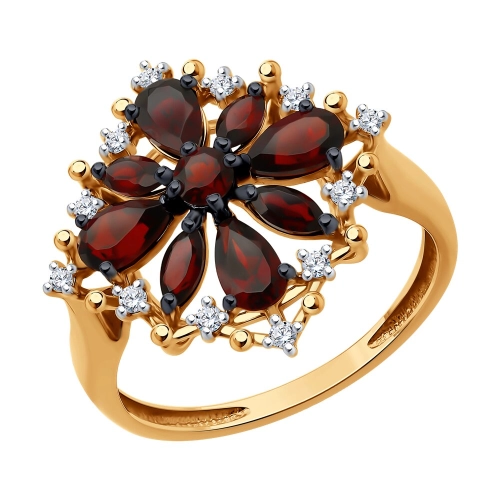 Кольцо из золота 585 пробы с гранатом и фианитами