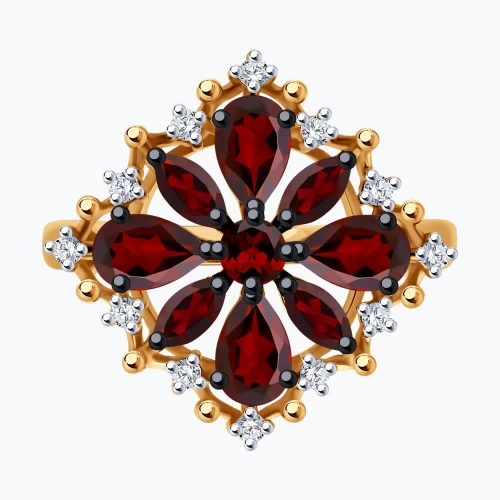 Кольцо из золота 585 пробы с гранатом и фианитами