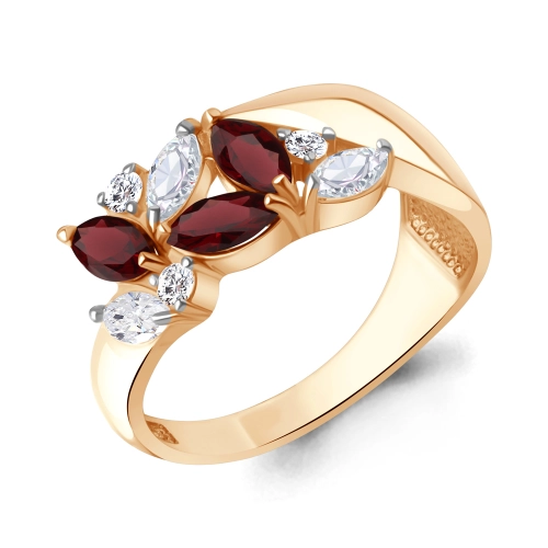 Кольцо из серебра 925 пробы с позолотой, с гранатом и фианитами