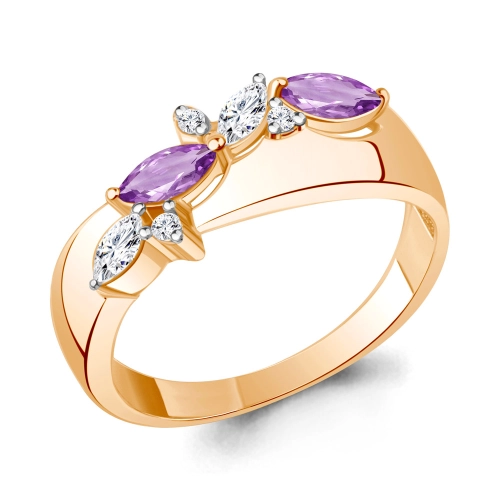 Кольцо из серебра 925 пробы с позолотой, с аметистом и фианитами