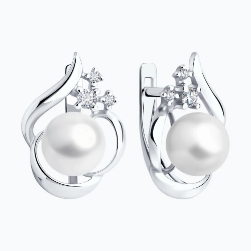 Серьги из серебра 925 пробы с жемчугом и фианитами
