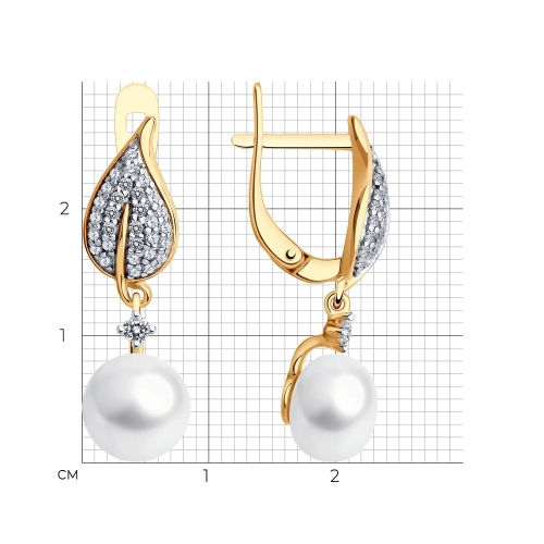 Серьги из серебра 925 пробы с позолотой, с жемчугом и фианитами
