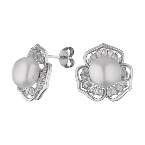 Серьги пусеты из серебра 925 пробы с жемчугом и фианитами