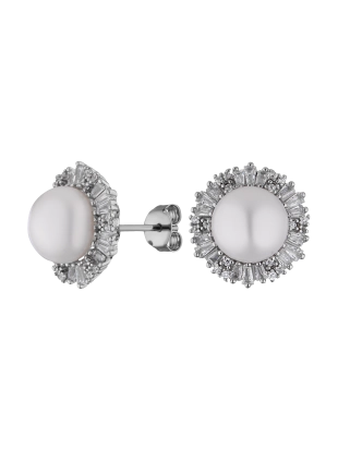 Серьги пусеты из серебра 925 пробы с жемчугом и фианитами