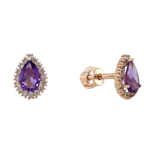 Серьги пусеты из золота 585 пробы с аметистами и фианитами