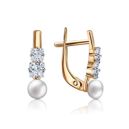 Серьги из золота 585 пробы с жемчугом и фианитами