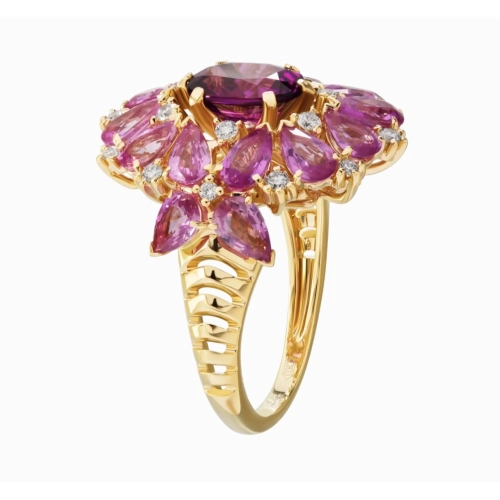 Кольцо (750 ж) гранат, сапфир розовый, бриллиант