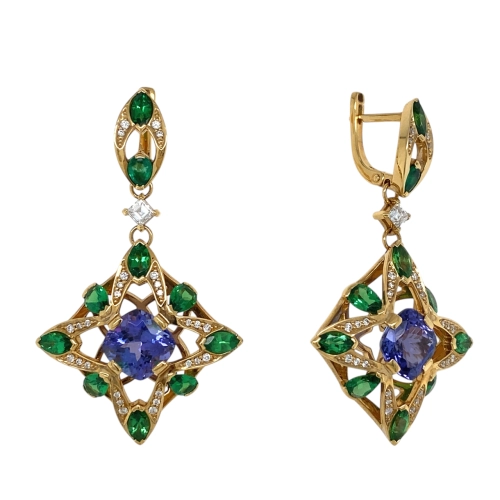 Серьги (750 ж) танзанит, тсаворит, изумруд, бриллиант