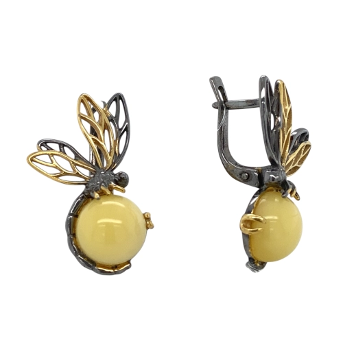 Серьги из серебра 925 пробы с позолотой, с белым янтарем