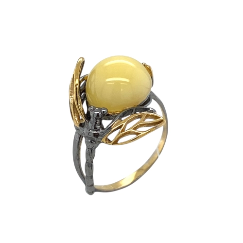 Кольцо из серебра 925 пробы с позолотой, с белым янтарем