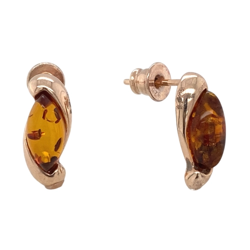 Серьги пусеты из серебра 925 пробы с позолотой, с янтарем