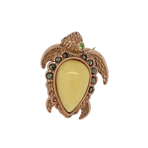 Брошь (925 п) янтарь белый, марказит, стекло