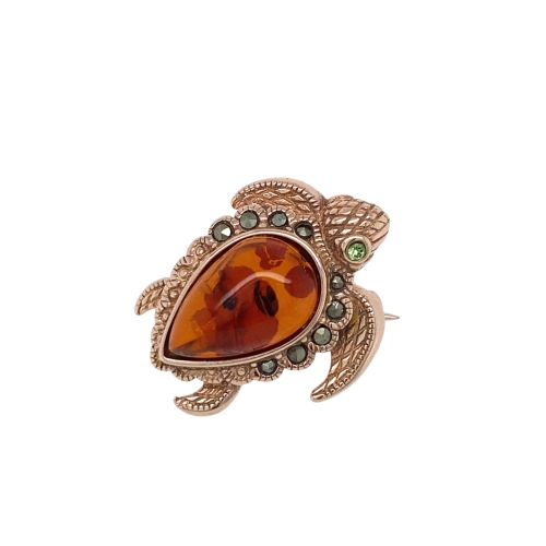 Брошь (925 п) янтарь, марказит, стекло