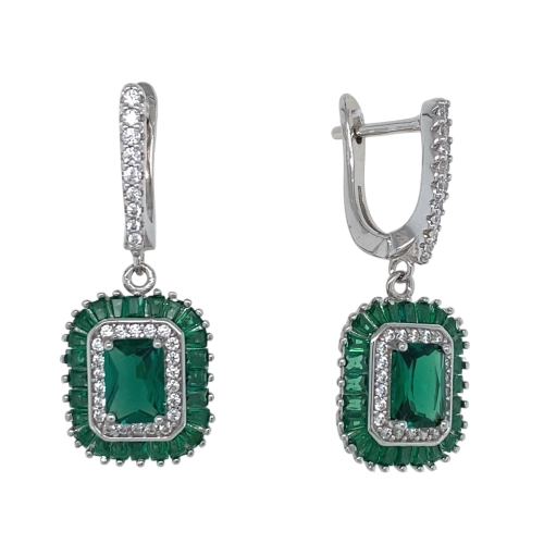 Серьги из серебра 925 пробы с искусственным изумрудом и фианитами