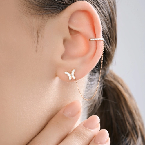 Моносерьга кафф из золота 585 пробы с фианитами