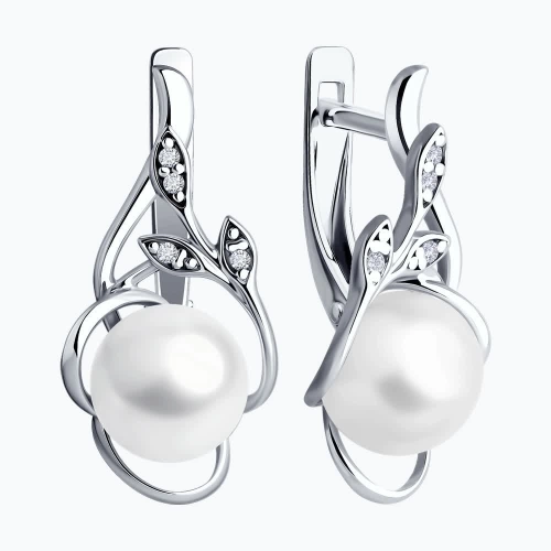 Серьги из серебра 925 пробы с жемчугом и фианитами