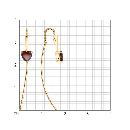 Серьги продевки из золота 585 пробы с гранатом