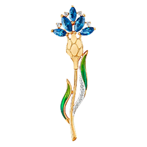 Брошь (585) топаз-лондон, эмаль, фианит
