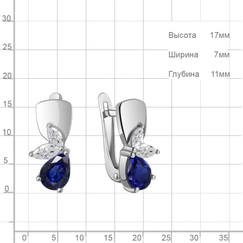 Серьги из серебра 925 пробы с искусвтвенным сапфиром и фианитами
