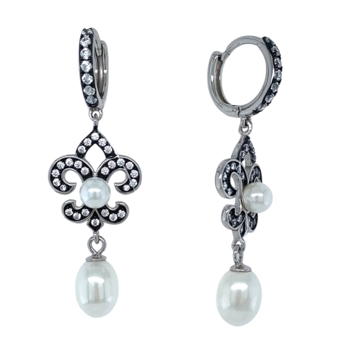 Серьги из серебра 925 пробы с синтетическим жемчугом и фианитами