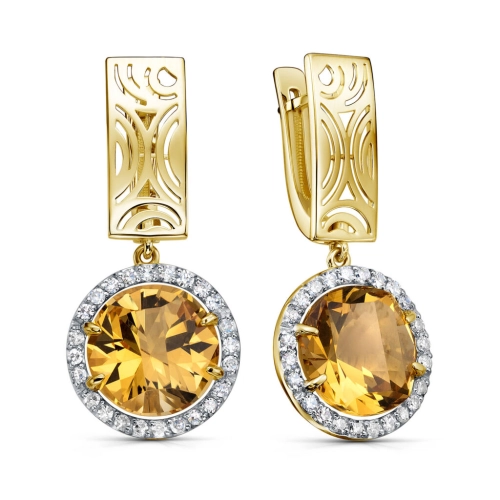 Серьги из желтого золота 585 пробы с цитрином и бриллиантами