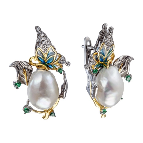 Серьги (925) жемчуг, шпинель синт., эмаль, циркон