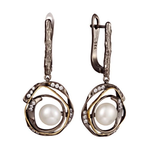 Серьги из серебра 925 пробы с жемчугом и фианитами