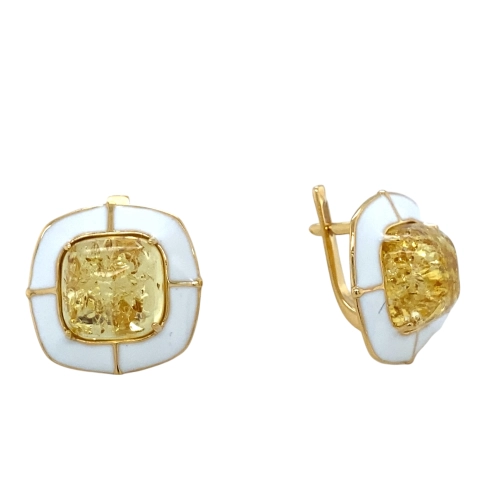 Серьги (925 п) янтарь желтый, эмаль