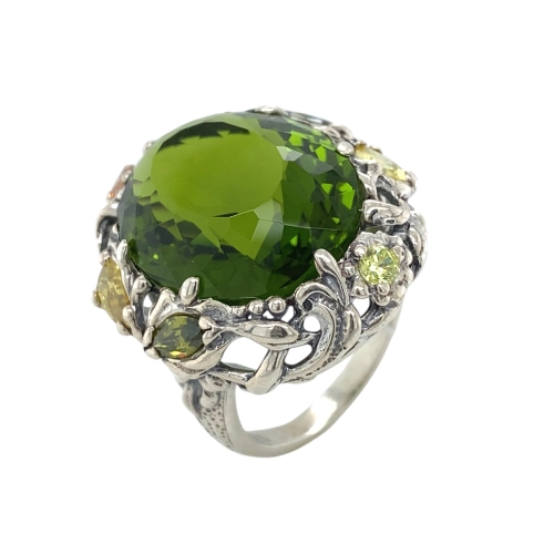 Кольцо (925) оливин кварц синт., фианит