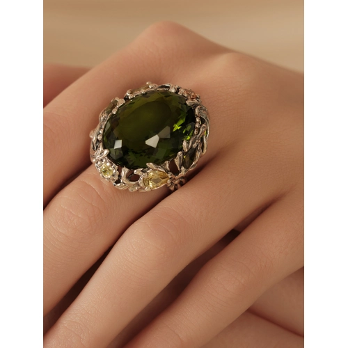 Кольцо (925) оливин кварц синт., фианит