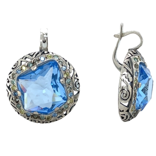 Серьги из серебра 925 пробы с искусственными кварцами цвета топаз и фианитами
