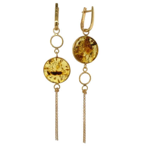 Серьги из серебра 925 пробы с позолотой, с зеленым янтарем