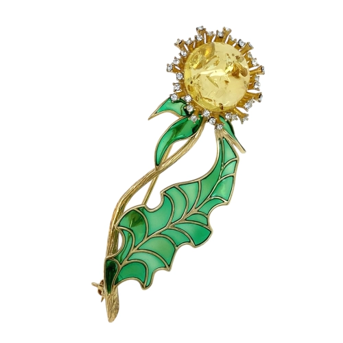 Брошь (925 п) янтарь желтый, эмаль