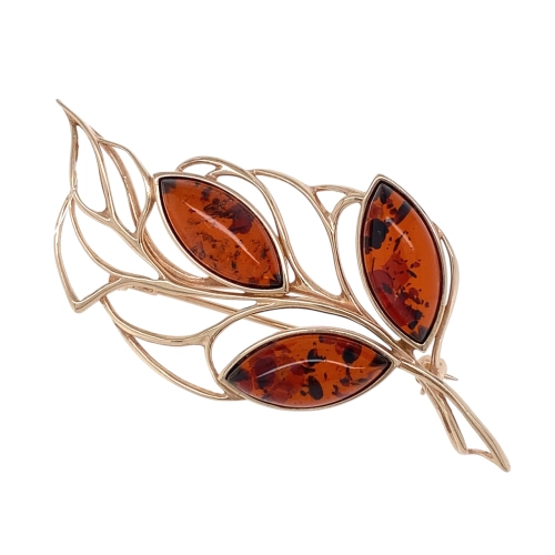 Брошь из серебра 925 пробы с позолотой, с янтарем