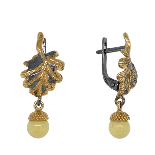 Серьги из серебра 925 пробы с позолотой, с белым янтарем