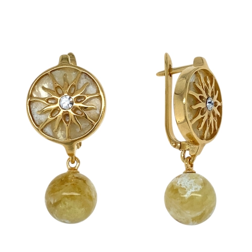 Серьги (925 п) янтарь белый, стекло