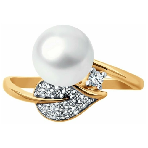 Кольцо из серебра 925 пробы с позолотой, с жемчугом и фианитами