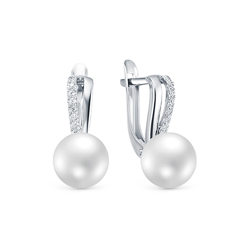 Серьги из серебра 925 пробы с жемчугом и фианитами