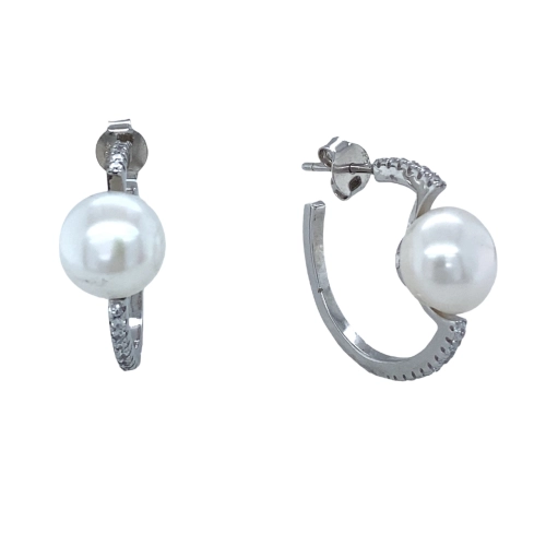 Серьги пусеты из серебра 925 пробы с жемчугом и фианитами