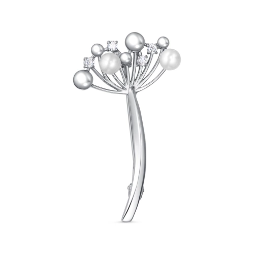 Брошь из серебра 925 пробы с жемчугом и фианитами