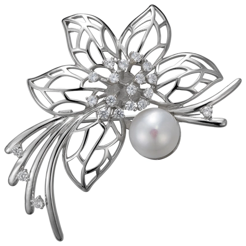 Брошь из серебра 925 пробы с жемчугом и цирконами