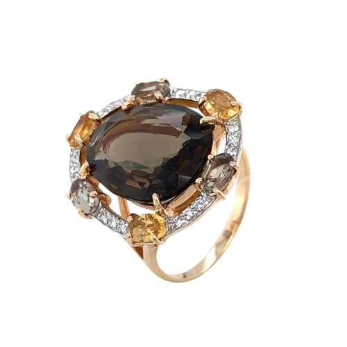 Кольцо (585) раухтопаз, цитрин, фианит