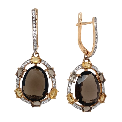 Серьги (585) раухтопаз, цитрин, фианит