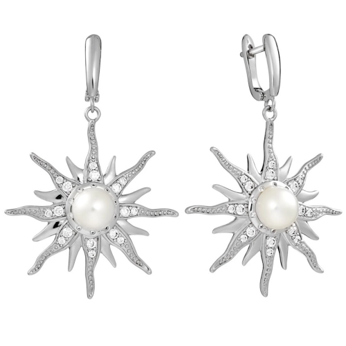 Серьги из серебра 925 пробы с жемчугом и фианитами
