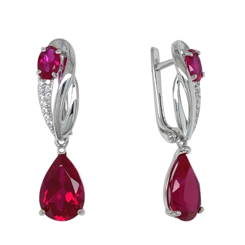 Серьги из серебра 925 пробы с искусственным рубинами и фианитами