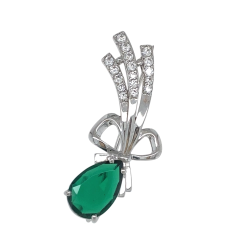 Брошь (925) горунд изумруд синт., фианит