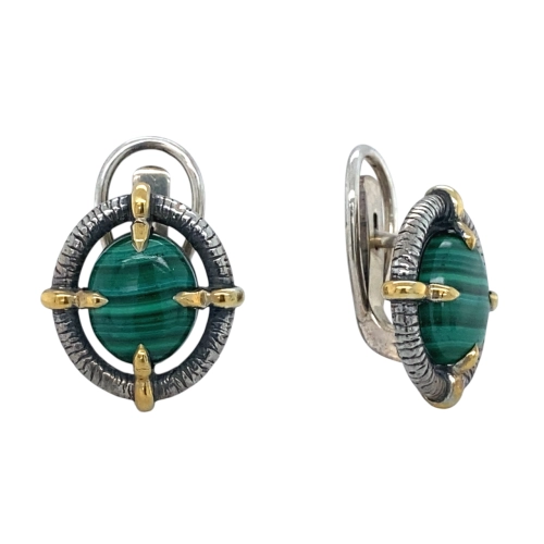 Серьги из серебра 925 пробы с позолотой, малахитом